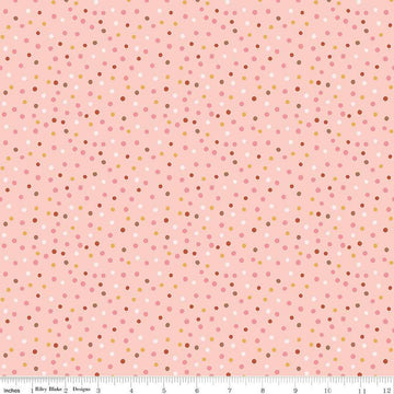 Image of Thimbelina & The Sewing Fairies Dotty Apricot Mist quilting cotton fabric by Jennifer Long for Riley Blake Designs. Features dots on a pink background. Cute Little Fabric Shop