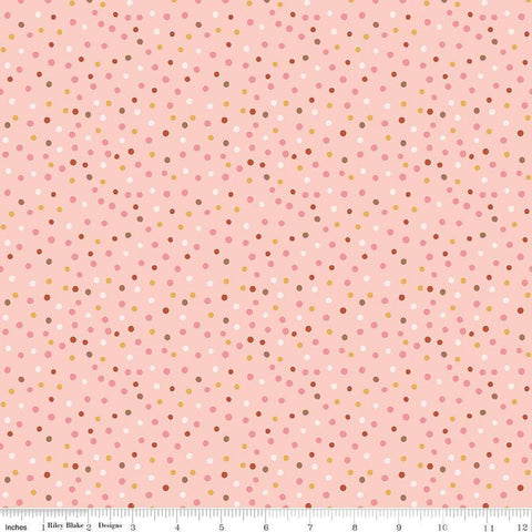 Image of Thimbelina & The Sewing Fairies Dotty Apricot Mist quilting cotton fabric by Jennifer Long for Riley Blake Designs. Features dots on a pink background. Cute Little Fabric Shop