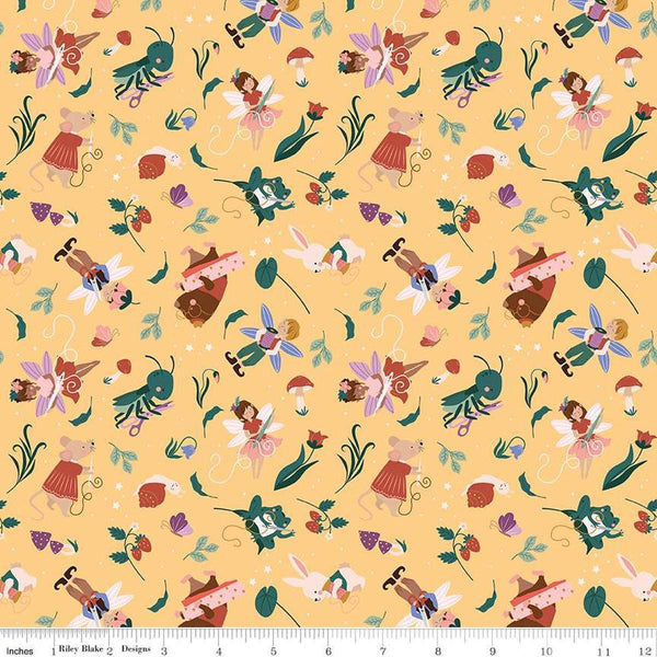 Image of Thimbelina & The Sewing Fairies Sewing Fairies Honey quilting cotton fabric by Jennifer Long for Riley Blake Designs. Features fairies on a yellow background. Cute Little Fabric Shop