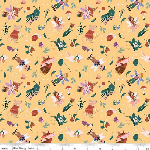 Image of Thimbelina & The Sewing Fairies Sewing Fairies Honey quilting cotton fabric by Jennifer Long for Riley Blake Designs. Features fairies on a yellow background. Cute Little Fabric Shop