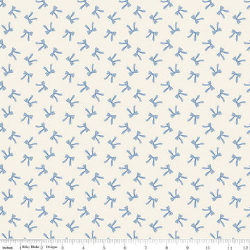 Image of Penelope Bows Cream quilting cotton fabric by My Mind's Eye for Riley Blake Designs. Features bows on a blue background. Cute Little Fabric Shop