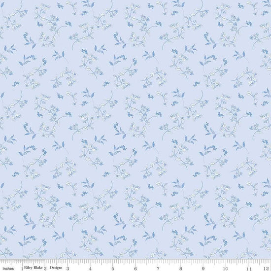 Image of Penelope Stems Sky quilting cotton fabric by My Mind's Eye for Riley Blake Designs. Features flowers on a blue background. Cute Little Fabric Shop