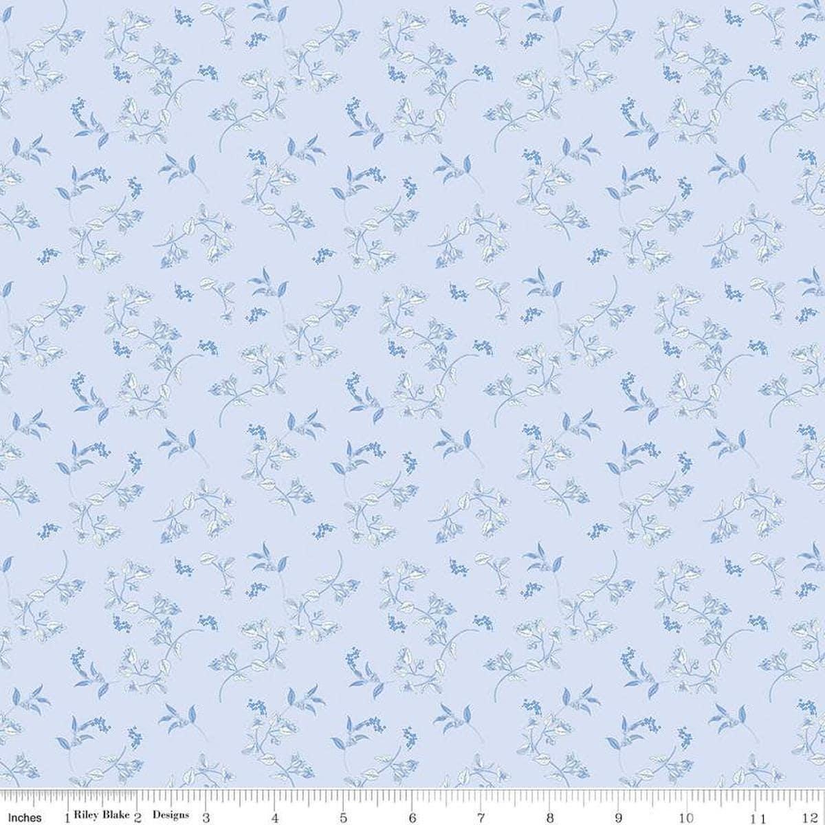 Image of Penelope Stems Sky quilting cotton fabric by My Mind's Eye for Riley Blake Designs. Features flowers on a blue background. Cute Little Fabric Shop