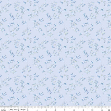 Image of Penelope Stems Sky quilting cotton fabric by My Mind's Eye for Riley Blake Designs. Features flowers on a blue background. Cute Little Fabric Shop