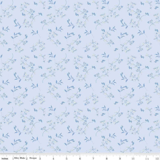 Image of Penelope Stems Sky quilting cotton fabric by My Mind's Eye for Riley Blake Designs. Features flowers on a blue background. Cute Little Fabric Shop