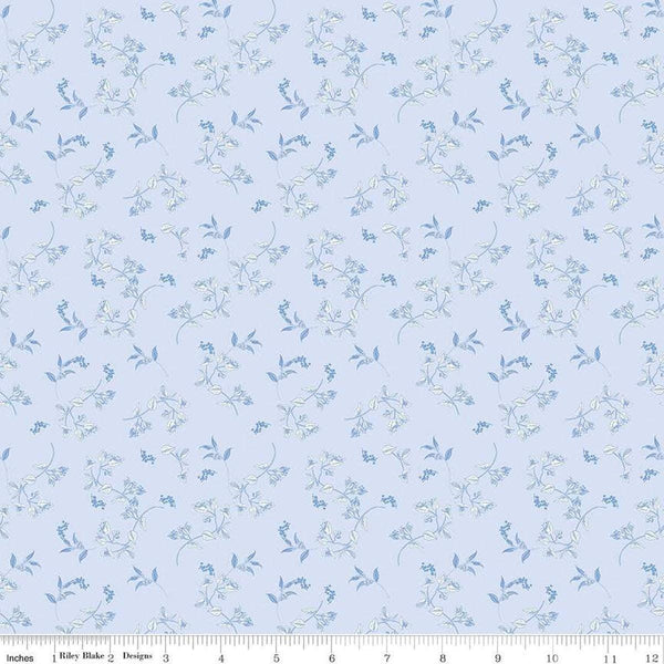Image of Penelope Stems Sky quilting cotton fabric by My Mind&#39;s Eye for Riley Blake Designs. Features flowers on a blue background. Cute Little Fabric Shop