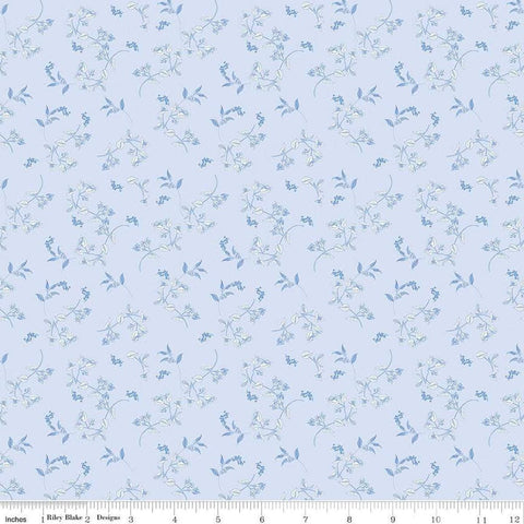 Image of Penelope Stems Sky quilting cotton fabric by My Mind&#39;s Eye for Riley Blake Designs. Features flowers on a blue background. Cute Little Fabric Shop