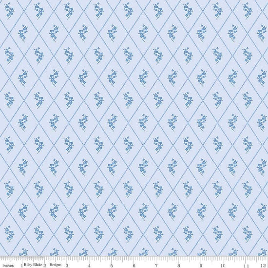 Image of Penelope Diamonds Sky quilting cotton fabric by My Mind's Eye for Riley Blake Designs. Features diamonds on a blue background. Cute Little Fabric Shop