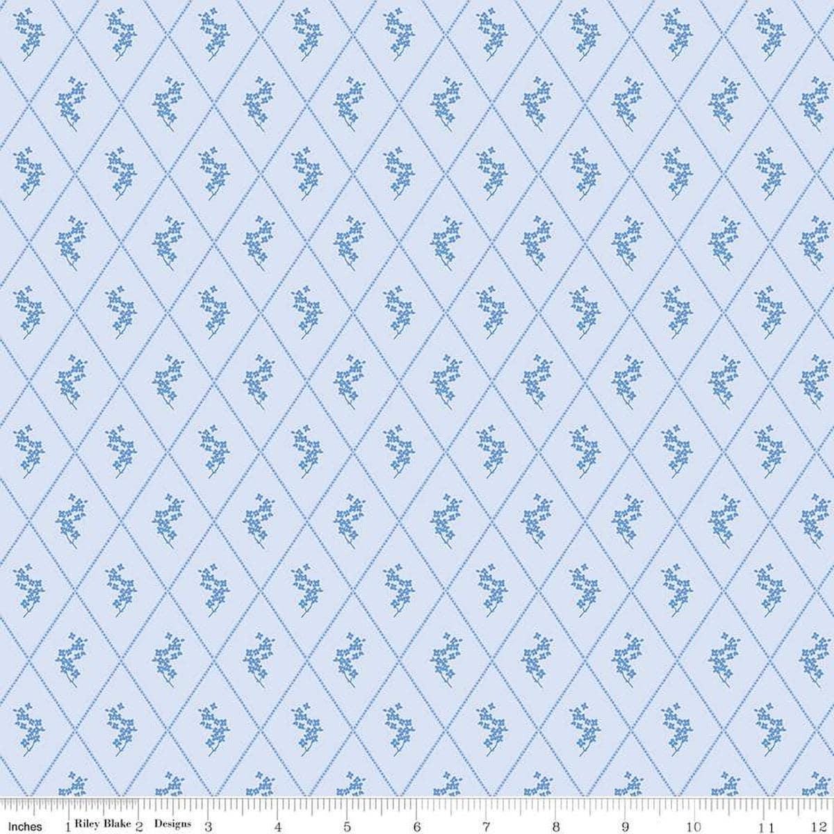Image of Penelope Diamonds Sky quilting cotton fabric by My Mind's Eye for Riley Blake Designs. Features diamonds on a blue background. Cute Little Fabric Shop