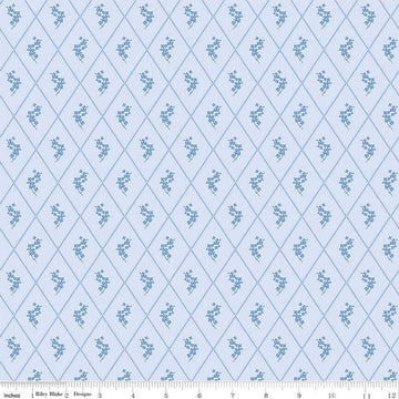 Image of Penelope Diamonds Sky quilting cotton fabric by My Mind's Eye for Riley Blake Designs. Features diamonds on a blue background. Cute Little Fabric Shop
