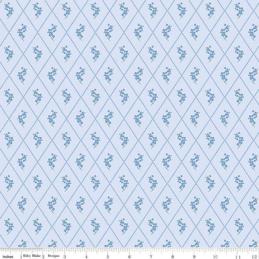 Image of Penelope Diamonds Sky quilting cotton fabric by My Mind's Eye for Riley Blake Designs. Features diamonds on a blue background. Cute Little Fabric Shop