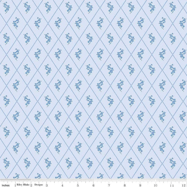 Image of Penelope Diamonds Sky quilting cotton fabric by My Mind&#39;s Eye for Riley Blake Designs. Features diamonds on a blue background. Cute Little Fabric Shop