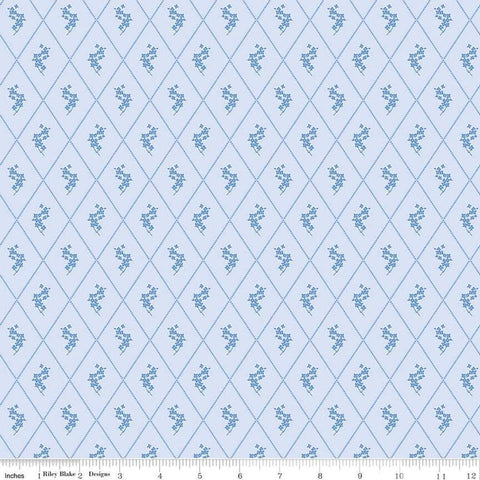 Image of Penelope Diamonds Sky quilting cotton fabric by My Mind&#39;s Eye for Riley Blake Designs. Features diamonds on a blue background. Cute Little Fabric Shop