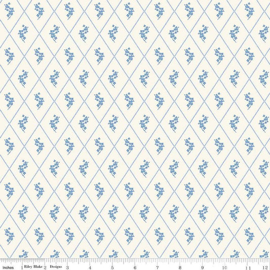 Image of Penelope Diamonds Cream quilting cotton fabric by My Mind's Eye for Riley Blake Designs. Features diamonds on a white background. Cute Little Fabric Shop