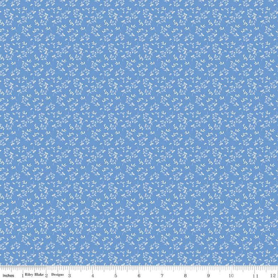 Image of Penelope Mini Stems Blue quilting cotton fabric by My Mind's Eye for Riley Blake Designs. Features flowers on a blue background. Cute Little Fabric Shop