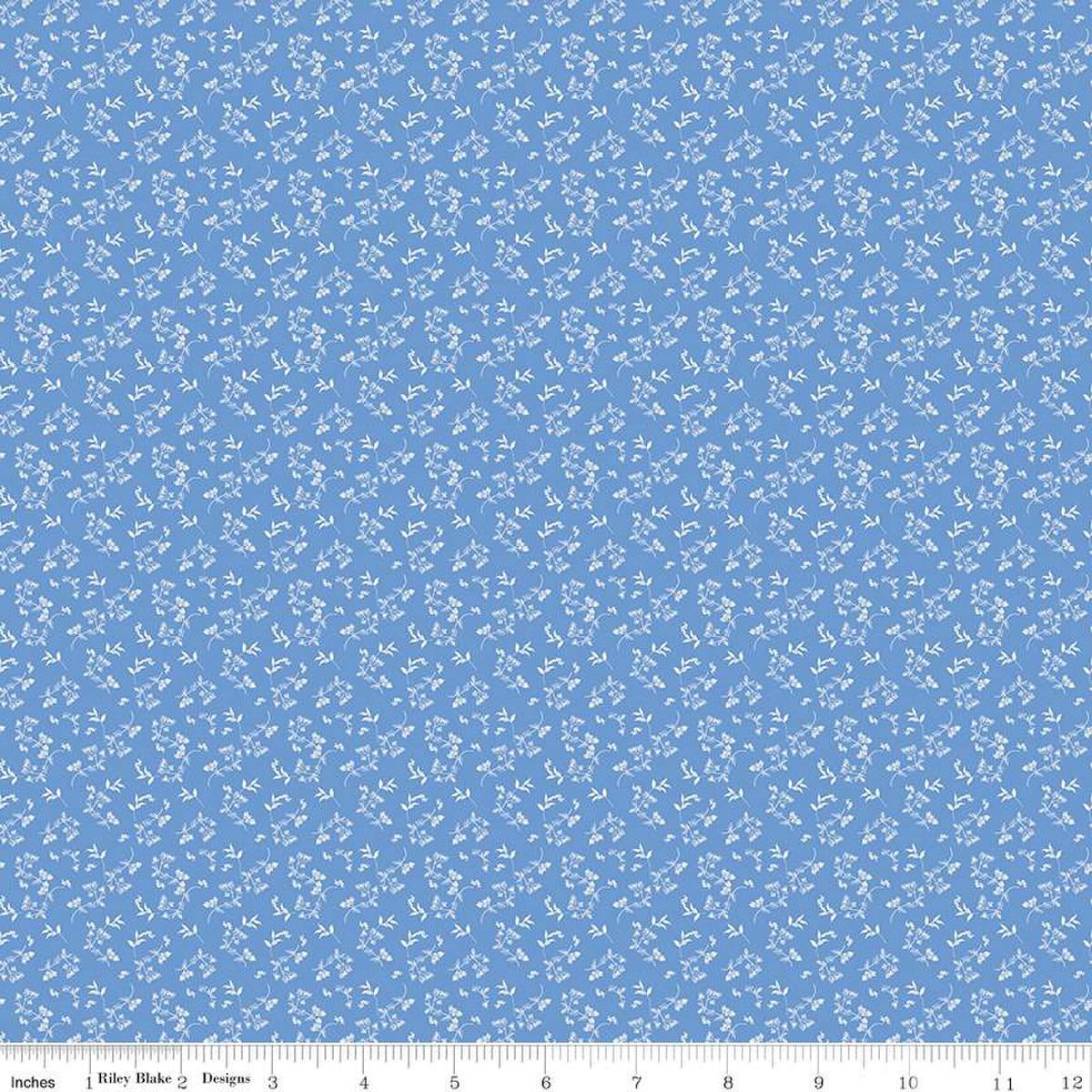 Image of Penelope Mini Stems Blue quilting cotton fabric by My Mind's Eye for Riley Blake Designs. Features flowers on a blue background. Cute Little Fabric Shop