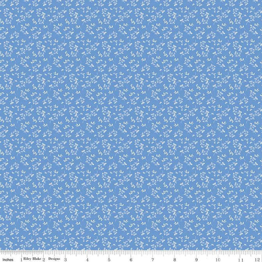 Image of Penelope Mini Stems Blue quilting cotton fabric by My Mind's Eye for Riley Blake Designs. Features flowers on a blue background. Cute Little Fabric Shop