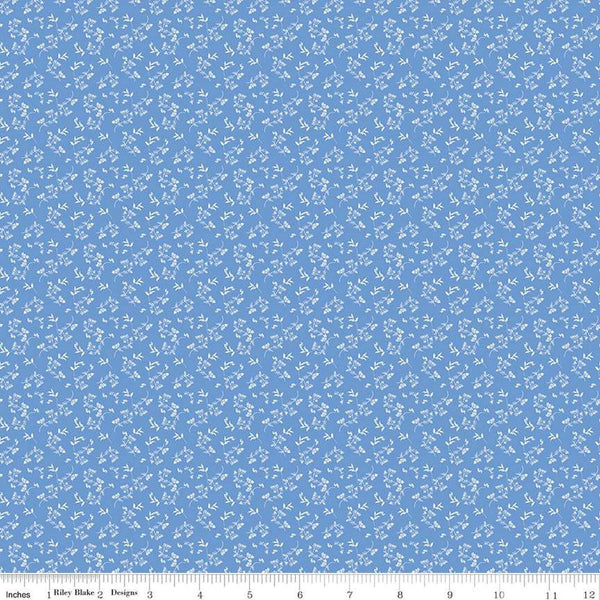 Image of Penelope Mini Stems Blue quilting cotton fabric by My Mind&#39;s Eye for Riley Blake Designs. Features flowers on a blue background. Cute Little Fabric Shop