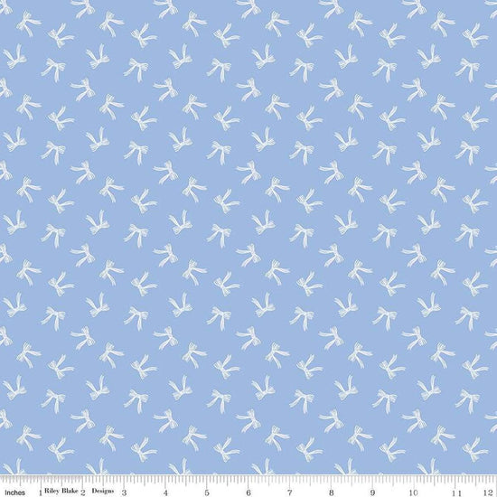 Image of Penelope Bows Sky quilting cotton fabric by My Mind's Eye for Riley Blake Designs. Features bows on a blue background. Cute Little Fabric Shop