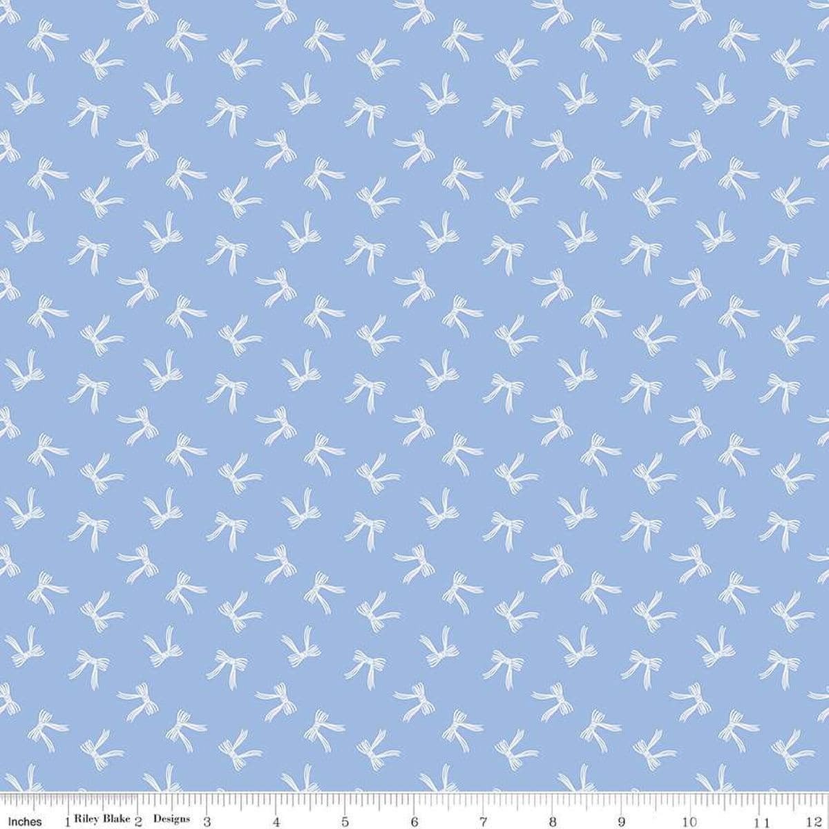 Image of Penelope Bows Sky quilting cotton fabric by My Mind's Eye for Riley Blake Designs. Features bows on a blue background. Cute Little Fabric Shop