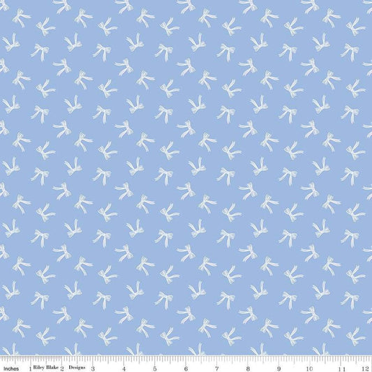 Image of Penelope Bows Sky quilting cotton fabric by My Mind's Eye for Riley Blake Designs. Features bows on a blue background. Cute Little Fabric Shop