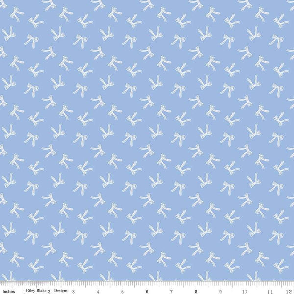 Image of Penelope Bows Sky quilting cotton fabric by My Mind&#39;s Eye for Riley Blake Designs. Features bows on a blue background. Cute Little Fabric Shop