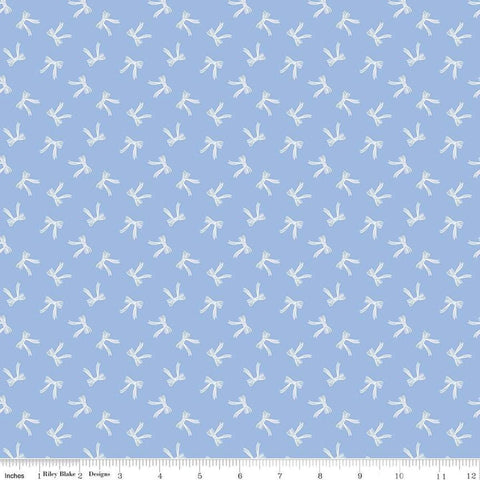 Image of Penelope Bows Sky quilting cotton fabric by My Mind&#39;s Eye for Riley Blake Designs. Features bows on a blue background. Cute Little Fabric Shop