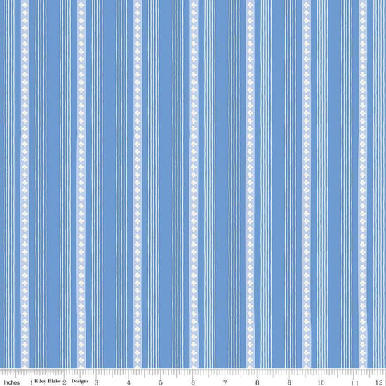 Image of Penelope Stripes Blue quilting cotton fabric by My Mind's Eye for Riley Blake Designs. Features stripes on a blue background. Cute Little Fabric Shop