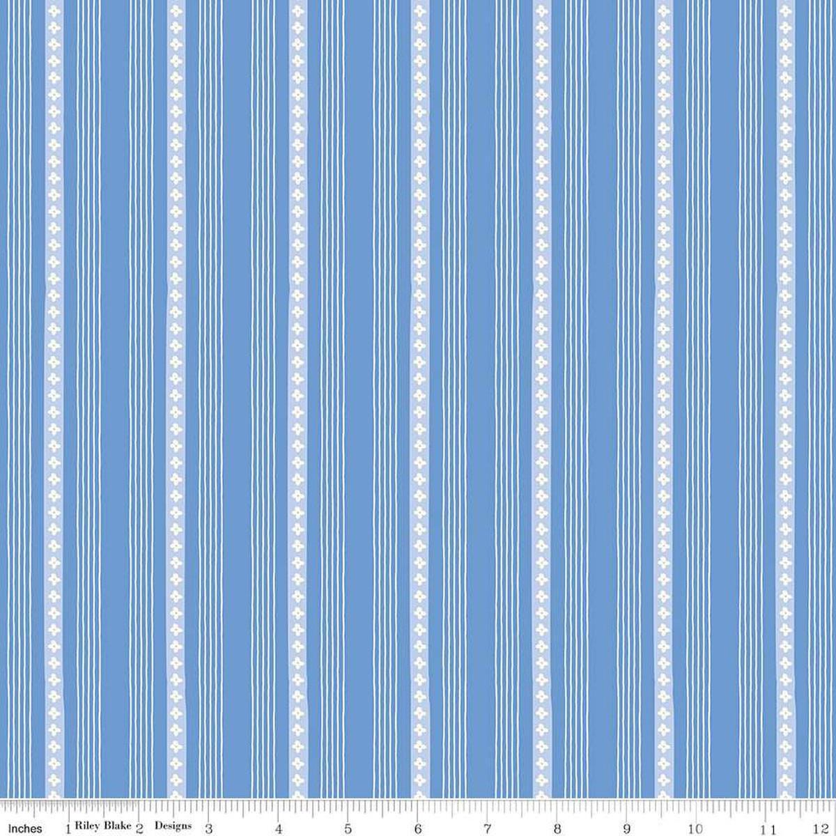 Image of Penelope Stripes Blue quilting cotton fabric by My Mind's Eye for Riley Blake Designs. Features stripes on a blue background. Cute Little Fabric Shop