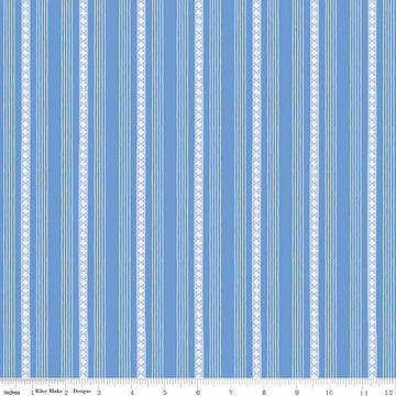 Image of Penelope Stripes Blue quilting cotton fabric by My Mind's Eye for Riley Blake Designs. Features stripes on a blue background. Cute Little Fabric Shop