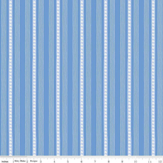 Image of Penelope Stripes Blue quilting cotton fabric by My Mind's Eye for Riley Blake Designs. Features stripes on a blue background. Cute Little Fabric Shop