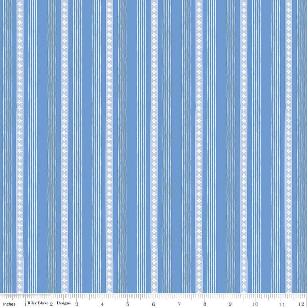Image of Penelope Stripes Blue quilting cotton fabric by My Mind&#39;s Eye for Riley Blake Designs. Features stripes on a blue background. Cute Little Fabric Shop