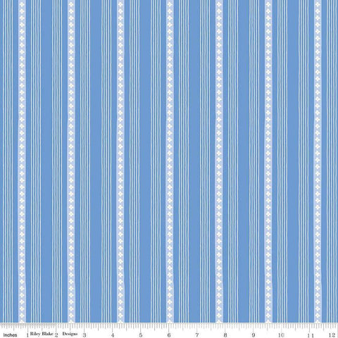Image of Penelope Stripes Blue quilting cotton fabric by My Mind&#39;s Eye for Riley Blake Designs. Features stripes on a blue background. Cute Little Fabric Shop