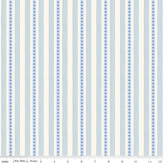 Image of Penelope Stripes Cream quilting cotton fabric by My Mind's Eye for Riley Blake Designs. Features stripes on a white background. Cute Little Fabric Shop