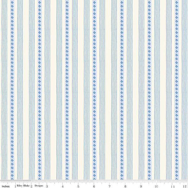 Image of Penelope Stripes Cream quilting cotton fabric by My Mind&#39;s Eye for Riley Blake Designs. Features stripes on a white background. Cute Little Fabric Shop