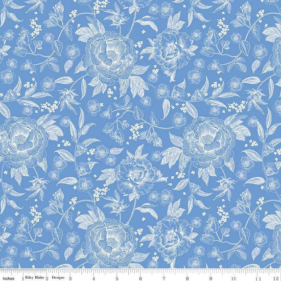 Image of Penelope Main Blue quilting cotton fabric by My Mind's Eye for Riley Blake Designs. Features flowers on a blue background. Cute Little Fabric Shop