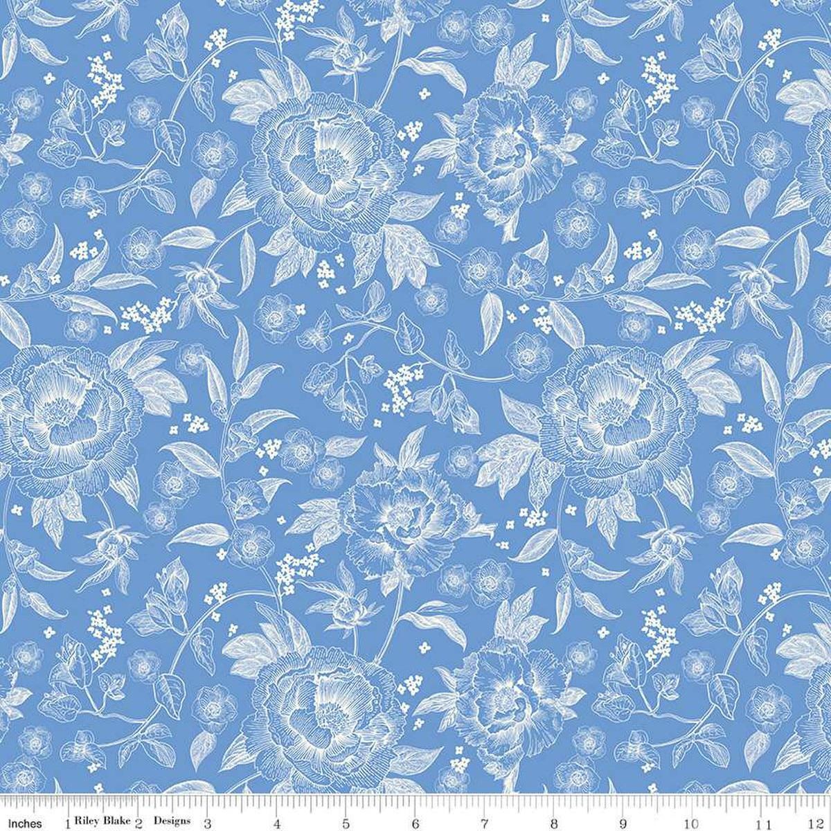 Image of Penelope Main Blue quilting cotton fabric by My Mind's Eye for Riley Blake Designs. Features flowers on a blue background. Cute Little Fabric Shop