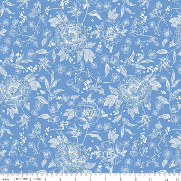 Image of Penelope Main Blue quilting cotton fabric by My Mind&#39;s Eye for Riley Blake Designs. Features flowers on a blue background. Cute Little Fabric Shop