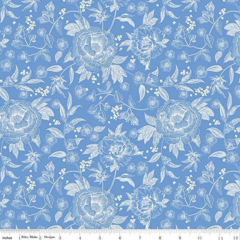 Image of Penelope Main Blue quilting cotton fabric by My Mind&#39;s Eye for Riley Blake Designs. Features flowers on a blue background. Cute Little Fabric Shop