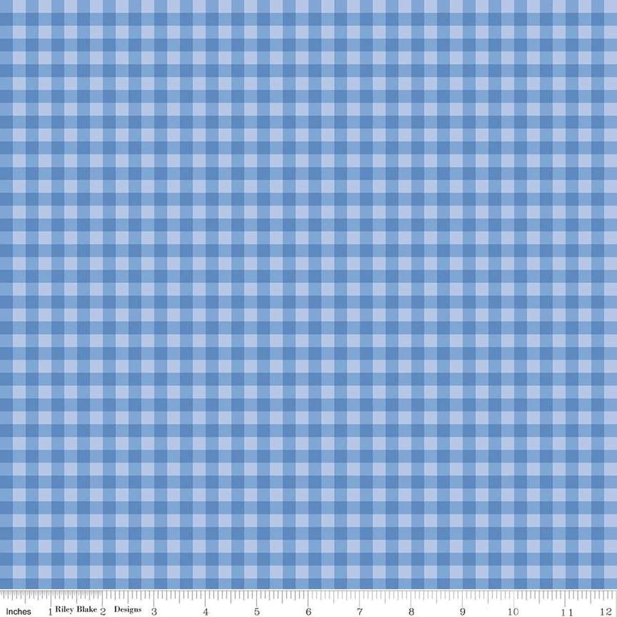 Image of Penelope Gingham Blue quilting cotton fabric by My Mind's Eye for Riley Blake Designs. Features plaid on a blue background. Cute Little Fabric Shop