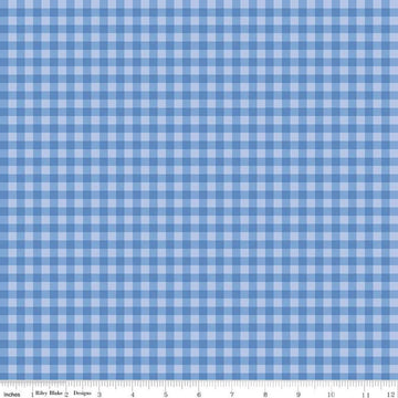 Image of Penelope Gingham Blue quilting cotton fabric by My Mind's Eye for Riley Blake Designs. Features plaid on a blue background. Cute Little Fabric Shop