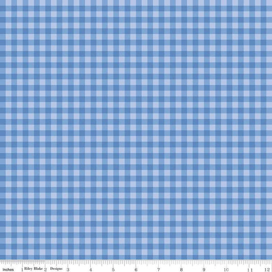 Image of Penelope Gingham Blue quilting cotton fabric by My Mind's Eye for Riley Blake Designs. Features plaid on a blue background. Cute Little Fabric Shop