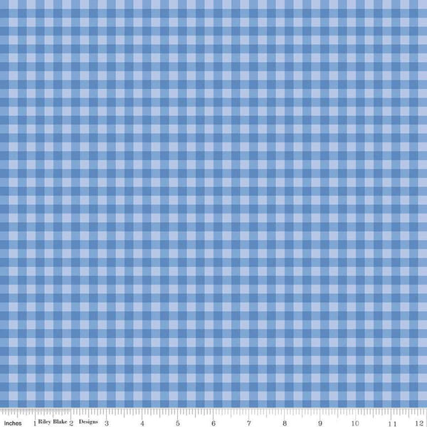 Image of Penelope Gingham Blue quilting cotton fabric by My Mind&#39;s Eye for Riley Blake Designs. Features plaid on a blue background. Cute Little Fabric Shop