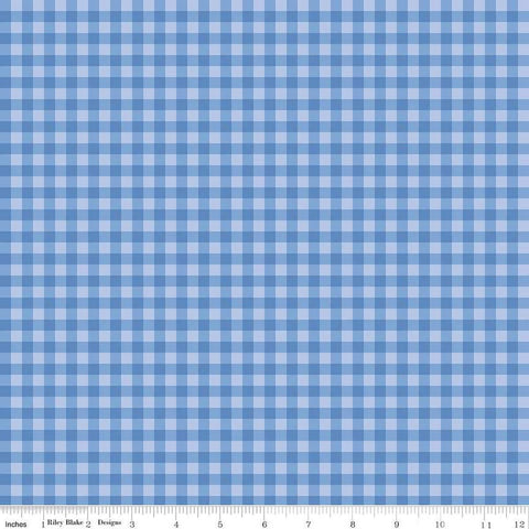 Image of Penelope Gingham Blue quilting cotton fabric by My Mind&#39;s Eye for Riley Blake Designs. Features plaid on a blue background. Cute Little Fabric Shop