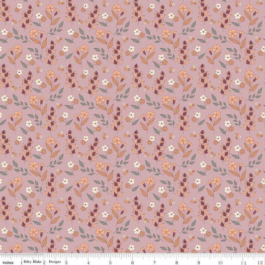 Image of the Evening on the Prairie Autumn Floral Mauve quilting cotton fabric by Modern Prairie for Riley Blake Designs. Features plants on a pink background. Cute Little Fabric Shop
