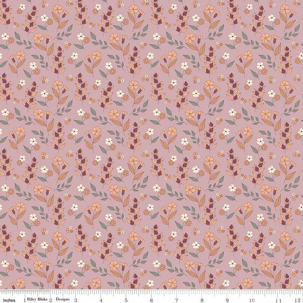 Image of the Evening on the Prairie Autumn Floral Mauve quilting cotton fabric by Modern Prairie for Riley Blake Designs. Features plants on a pink background. Cute Little Fabric Shop
