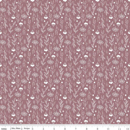 Image of the Evening on the Prairie Silhouette Floral Heather quilting cotton fabric by Modern Prairie for Riley Blake Designs. Features plants on a purple background. Cute Little Fabric Shop
