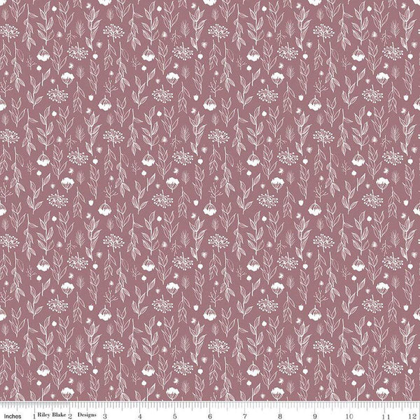 Image of the Evening on the Prairie Silhouette Floral Heather quilting cotton fabric by Modern Prairie for Riley Blake Designs. Features plants on a purple background. Cute Little Fabric Shop