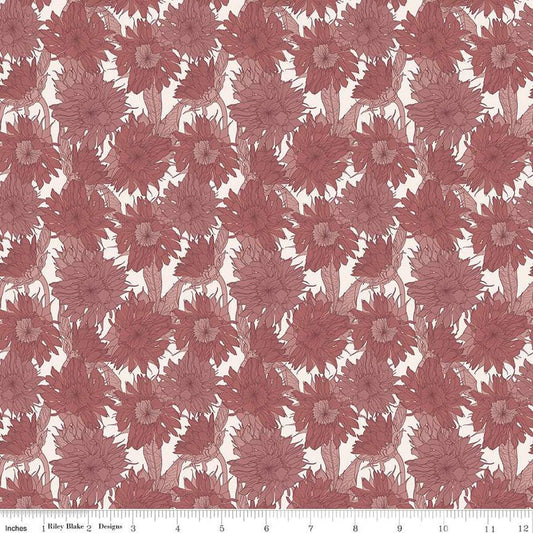 Image of the Evening on the Prairie Sunflower Dusty Rose quilting cotton fabric by Modern Prairie for Riley Blake Designs. Features flowers on a pink background. Cute Little Fabric Shop
