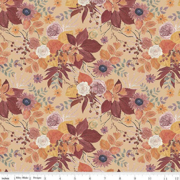 Image of the Evening on the Prairie Main Beige quilting cotton fabric by Modern Prairie for Riley Blake Designs. Features flowers on an orange background. Cute Little Fabric Shop